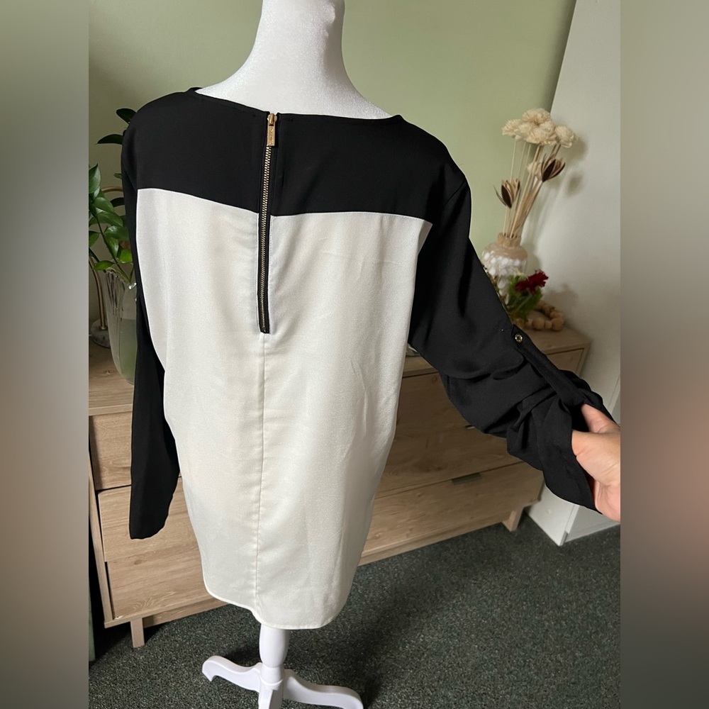 CALVIN KLEIN Black & White Colorblock Business Casual 3/4 Long Adjustable Sleeve - Picture 3 of 16